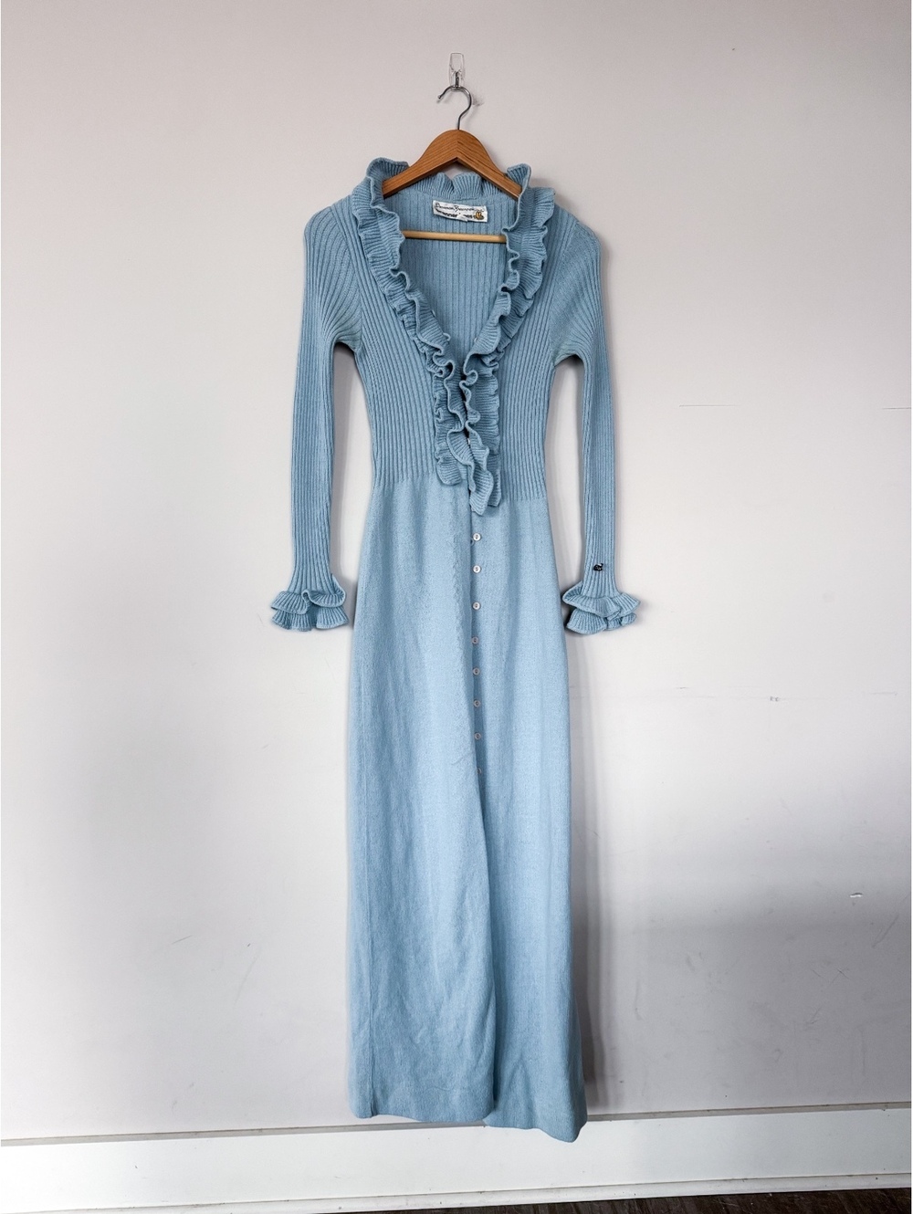 Vintage 1970s Knit Blue Ruffle Long Sleeve Button Down Dress Eleanor Brenner